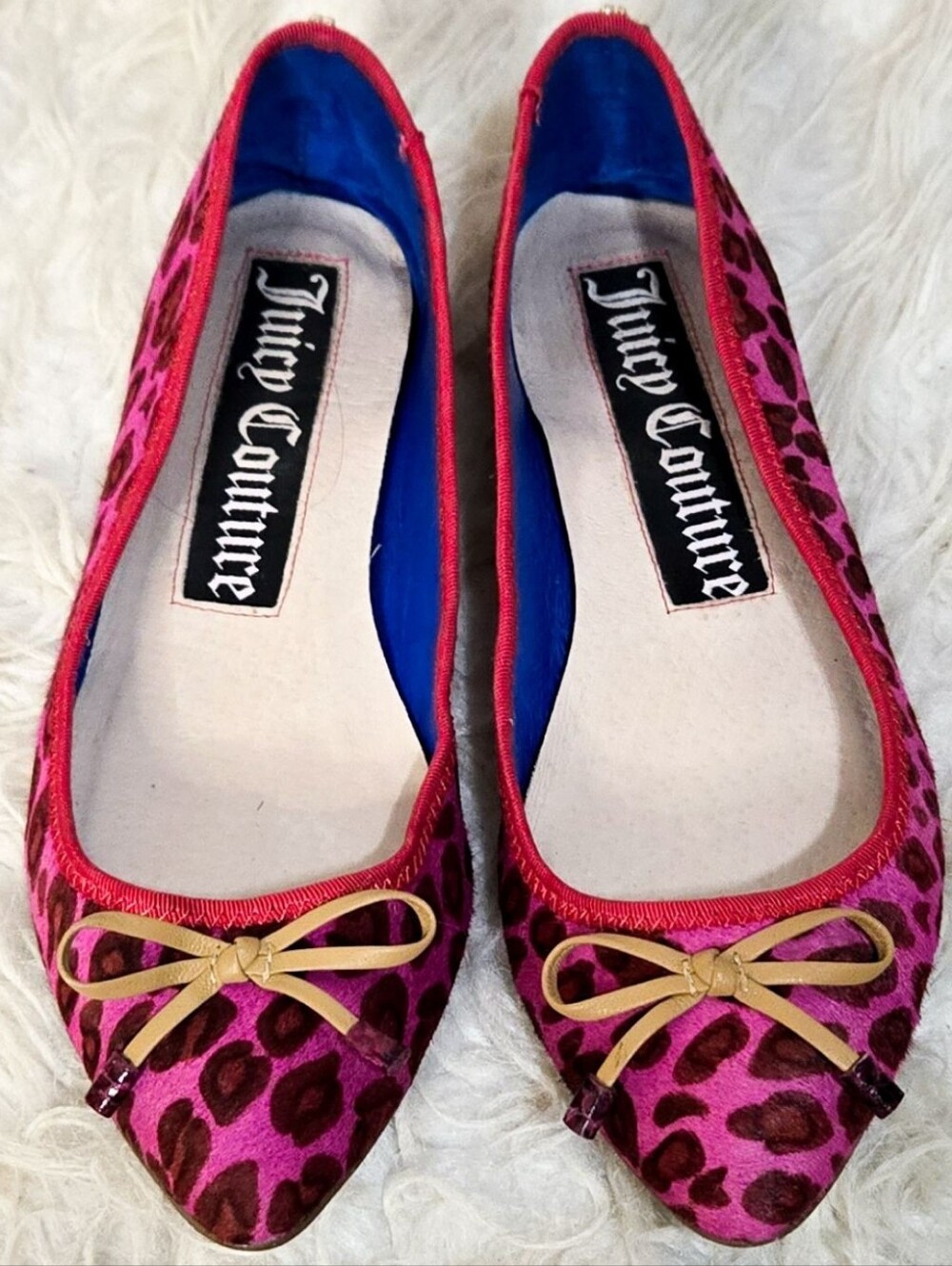 Juicy Couture Pink Animal Leopard Print Ballet Flats Bow Pointed Toe Y2K